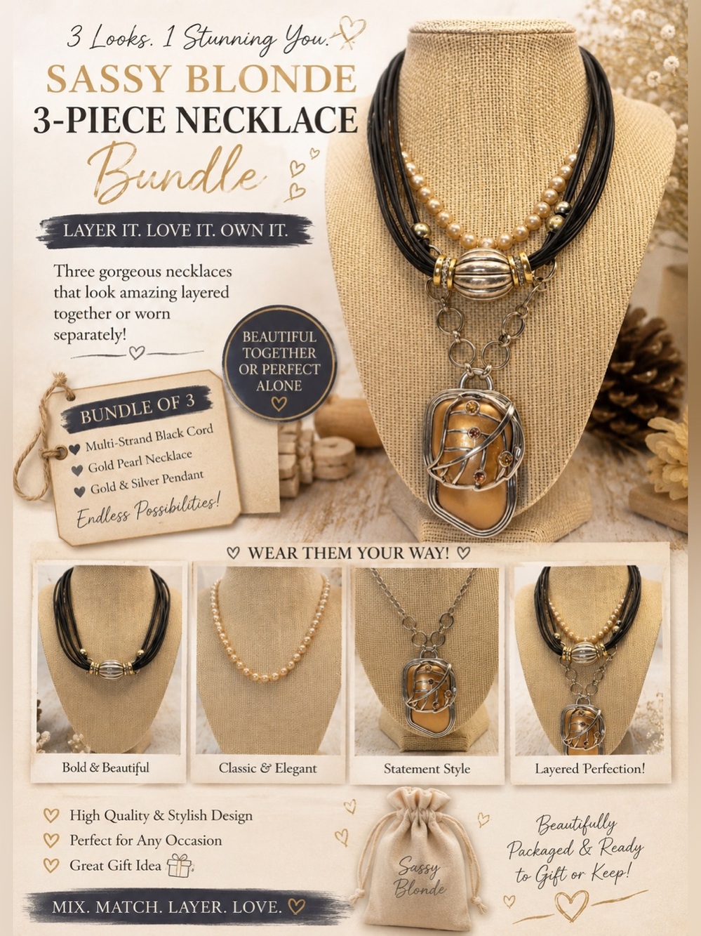 GorgeousMulti-Strand Black Cord Necklace with Gold Pearl Pendant Bundle of 3